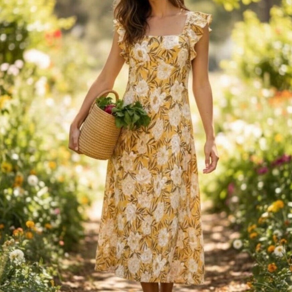 NWT Madewell Angelina Yellow Floral Midi Dress Size 4 Flutter Sleeves Easter